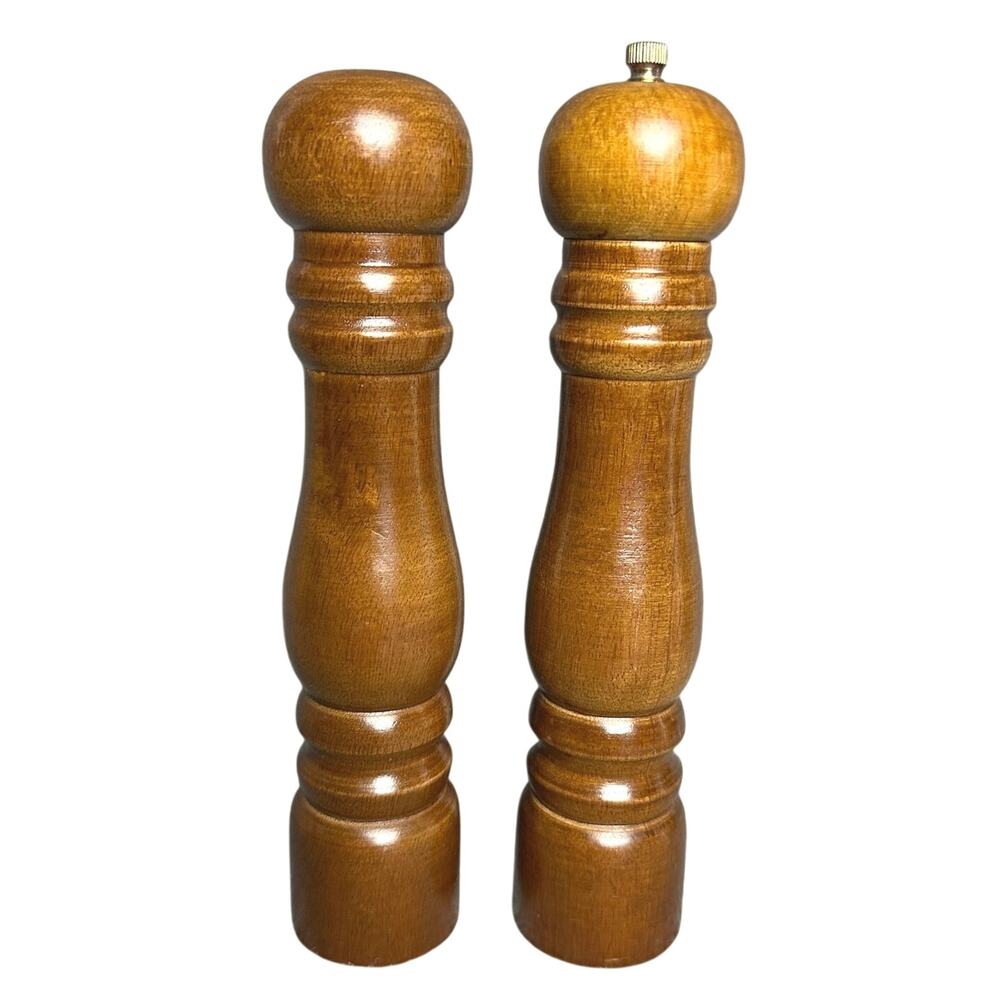 Vintage MCM solid turned wood salt shaker and pepper mill 8” rustic cottagecore